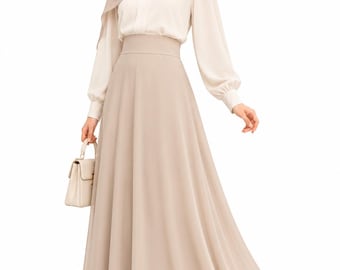 AMAL. Saia Maxi de Chiffon Modesta para Mulheres, Saia Longa Muçulmana, Saia Fluida de Cintura Alta, Roupa Islâmica, Saia de Comprimento Personalizado, M-111