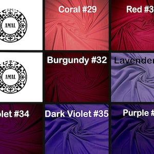 Puede incluir: Una cuadr&iacute;cula de muestras de tela con los colores Coral #29, Red #30, Burgundy #32, Lavender #33, Violet #34, Dark Violet #35 y Purple #36. Dos logotipos circulares en blanco y negro con el texto AMAL aparecen a la izquierda.