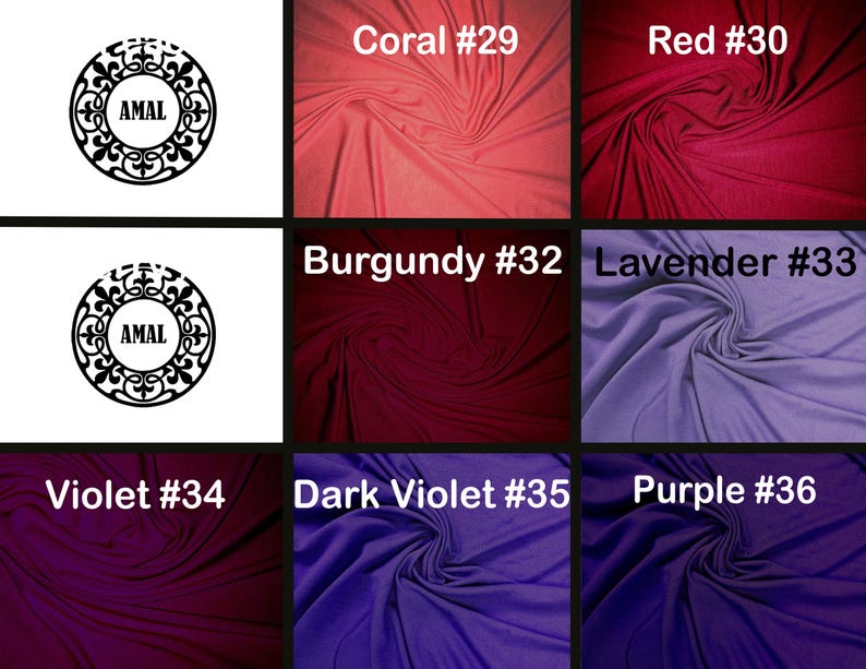 Puede incluir: Una cuadr&iacute;cula de muestras de tela con los colores Coral #29, Red #30, Burgundy #32, Lavender #33, Violet #34, Dark Violet #35 y Purple #36. Dos logotipos circulares en blanco y negro con el texto AMAL aparecen a la izquierda.