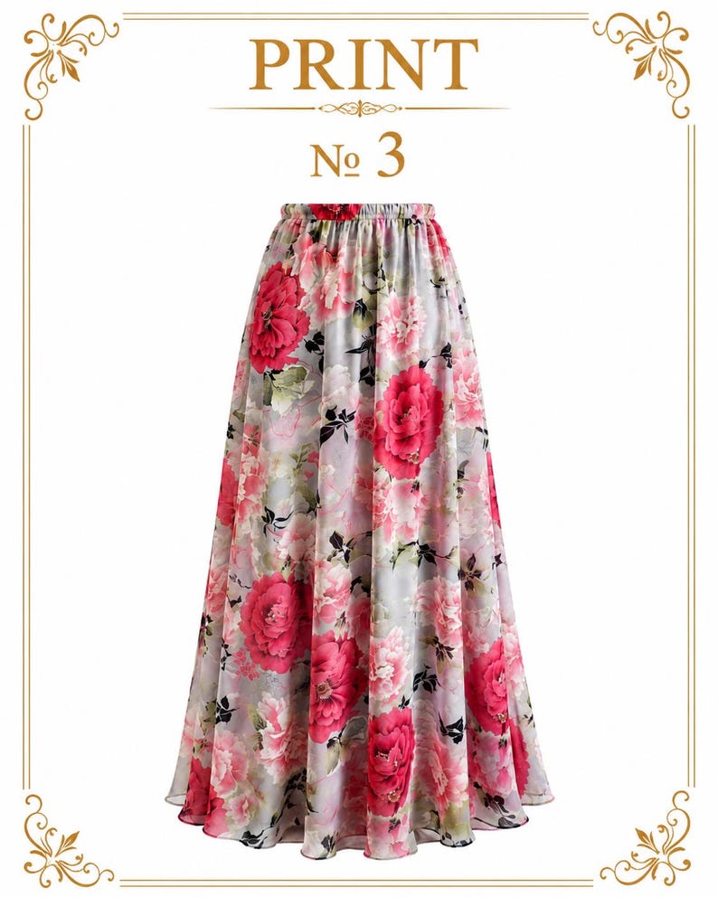 AMAL, Chiffon Maxi Skirt with Full Lining, Semi Circle Flared Long Skirt, Elastic Waist Modest Skirt, Floral Print Skirt for Women M- 113. PRINT #3