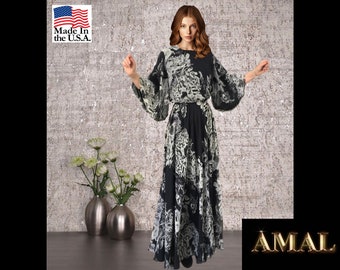 AMAL MUSLIMS. Long Chiffon Women's Dress. Floral print. xs-4xl. cotton. islamic hijab. USA. Model 50.