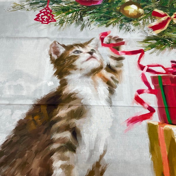 Kitten with Ribbon by David Textiles, 36 x 44 inches, Christmas cat panel