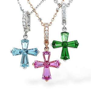 18K Gold Sapphire Cross Pendant: Diamond Bale, Dainty Necklace