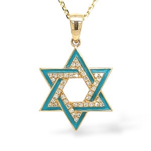 14k Gold Diamant Davidstern Anhänger mit Türkis Emaille / Jüdischer Glaube Halskette / Diamant Stern Charm Geschenk für Sie