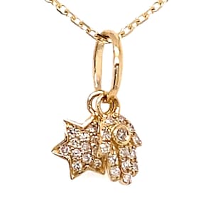 Mini 14k Gold Diamond Hamsa Hand of God Jewish Star Charm Pendant Necklace / Small Dainty Hamsa Charm / Jewish Star Charm / Gift For Her