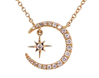 14k Gold Crescent Moon Diamond Pendant Charm Necklace With Hanging Diamond Starburst / 14k Dainty Diamond Crescent Moon & Star Necklace