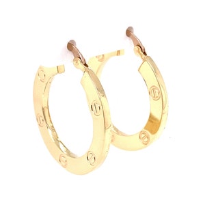 14K Yellow Gold Love Hoop Earrings Screw Design / Classic 14k Gold Love Hoop Earrings / 27mm 14k Hoop Earring / Love Design Screw Earrings