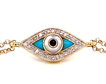 Double Sided 14k Gold, Diamond, Turquoise Evil Eye Bracelet With Double Stranded Rolo Style Chain / Elegant Evil Eye Bracelet For Women