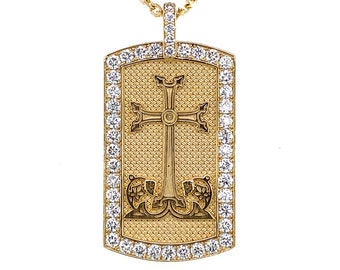 14k Solid Gold Armenian Cross Dog Tag With Diamond Border Pendant Necklace / Diamond Armenian Cross Pendant / Armenian Cross Jewelry