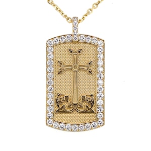 14k Solid Gold Armenian Cross Dog Tag With Diamond Border Pendant Necklace / Diamond Armenian Cross Pendant / Armenian Cross Jewelry