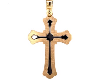 Two Tone Italian Made 14k Solid Gold Cross Pendant Charm Necklace With White High Polish Finish Center & Yellow Satin Finish Outline