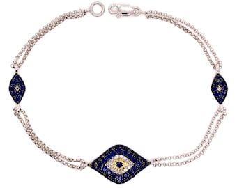 14k Gold, Diamond, & Sapphire Double Strand Evil Eye Bracelet / Elegant Evil Eye Bracelet For Women / Evil Eye Bracelet Gift For Her