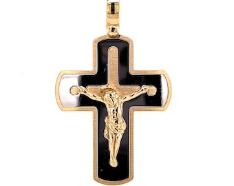 Colgante de crucifijo italiano de oro macizo de 14 quilates en dos tonos. Dije de cruz religiosa para hombre. Regalo de joyería católica.