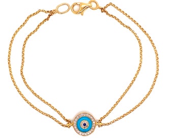 14k Yellow Gold & Diamond Double Sided Evil Eye Bracelet / Elegant 14k Diamond Evil Eye Bracelet For Women / Turquoise Evil Eye Bracelet