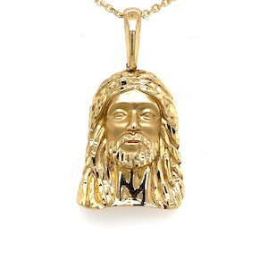Collar con colgante de cabeza de Jesús en oro de 14 quilates / Dije de Jesús en oro amarillo semihueco / Colgante de Jesús en oro con corte de diamante / Joyería religiosa cristiana