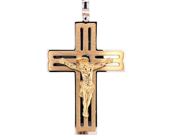 Colgante de crucifijo italiano de oro macizo de 14 quilates en dos tonos. Collar con cruz religiosa grande para hombre. Regalo de joyería católica.