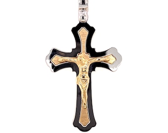 Colgante de crucifijo italiano de oro macizo de 14 k. Dije de cruz religiosa para hombre y mujer. Regalo de joyería católica.