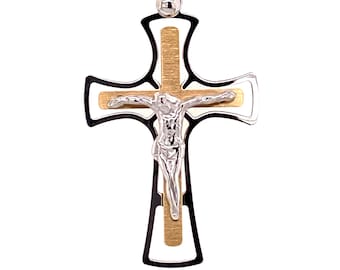 Colgante de crucifijo italiano de oro de 14 quilates en dos tonos. Dije de cruz religiosa de oro macizo. Regalo de joyería católica.