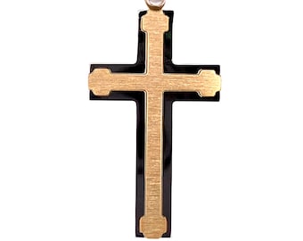 Two Tone Italian Made 14k Solid Gold Cross Pendant Charm Necklace With Yellow Satin Finish Center & White High Polish Finish Outline