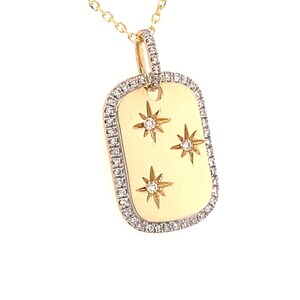 14k Gold Dog Tag Necklace With Diamond Starburst / Solid 14k Gold Dog Tag Pendant Charm With Diamond Border / Celestial Diamond Necklace
