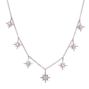 14k Diamond Starburst Celestial Necklace / Multi Starburst Diamond Necklace / 14k White Gold Diamond North Star Necklace / Dainty Starburst