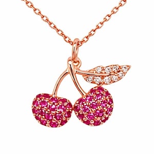 Dainty 14k Gold Cherry Pendant Necklace: Ruby Diamond Charm