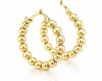 14k Gold Ball Hoop Earrings | Beaded Gold Hoops | Thick Ball Hoops | Semi Hollow Gold Hoops |  Hoop Earrings | Lightweight Gold Hoops