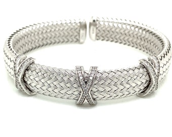 Italian 925 Sterling Silver Cuff Bangle – Woven Bracelet with Triple X Swarovski Crystals – Rhodium Plated Made in Italy