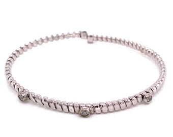 Italian Sterling Silver Tubogas Cuff Bangle – 925 Flexible Bracelet with Bezel Set Swarovski Crystals – Rhodium Plated Made in Italy