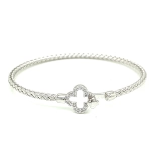 Italian 925 Sterling Silver Cuff Bangle Woven Braided Bracelet With Clover Lock Set With Swarovski CZ Crystals (Made In Italy)