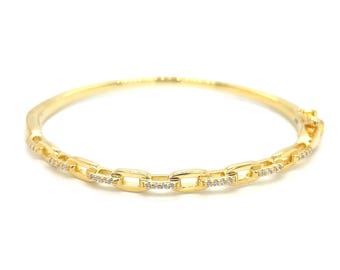 14k Gold Plated Sterling Silver CZ Link Bangle – Alternating Pavé Crystal Bracelet – 7" Elegant Jewelry Gift for Her