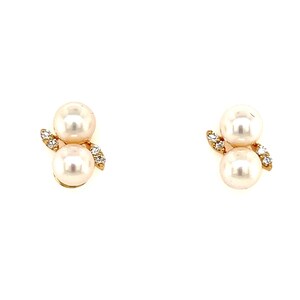 14k Gold Stud Pearl Earrings / Dainty Elegant Duel Pearl Earrings / 14k Push Back Pearl Studs With Diamonds / Pearl Diamond Earring For Her