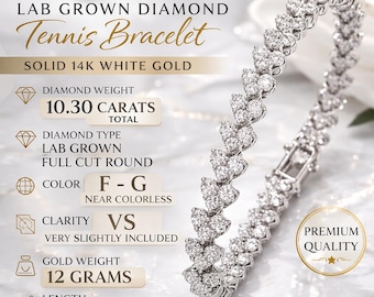 10.30 CT Lab Grown Diamond Tennis Bracelet, 14K White Gold Diamond Bracelet, Heart Cluster Diamond Bracelet, Luxury Bracelet for Her