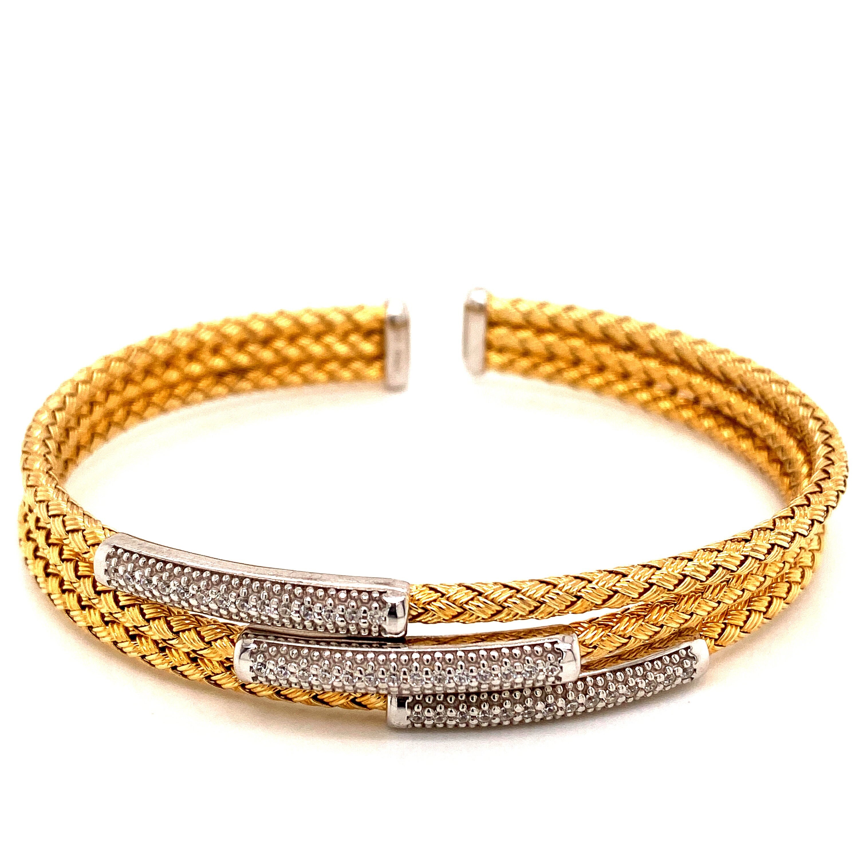 Italian 925 Sterling Silver Cuff Bangle Woven Bracelet With