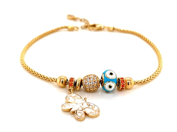 14k Evil Eye Charm Bracelet With Evil Eye & Butter