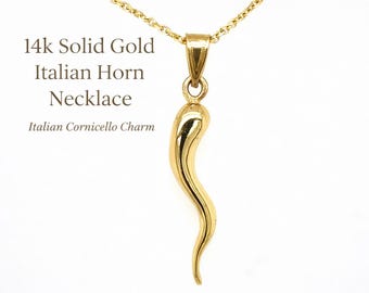 14k Solid Yellow Gold Italian Horn Charm Necklace Pendant / 14k Yellow Gold Italian Horn (Cornicello) / / Heavyweight Italian Horn Charm