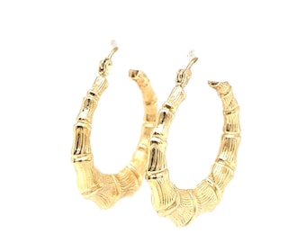 14k Yellow Gold Bamboo Hoop Earrings: 20mm Lightweight Hoops