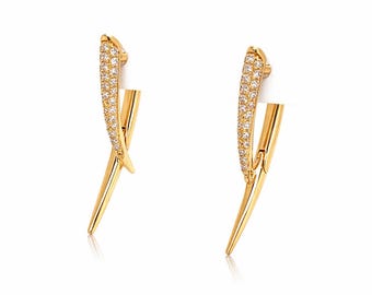 14k Diamond Spike Hoop Earrings – Pave Set Mini Diamond Hoops – Solid Gold Dangle Earrings – Luxury 14k Gold Jewelry Gift