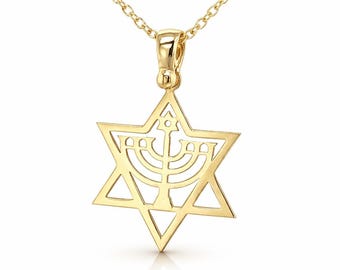 May include: A gold-colored Star of David pendant necklace. The pendant features a six-pointed star with a menorah design in the center. The necklace has a delicate chain.