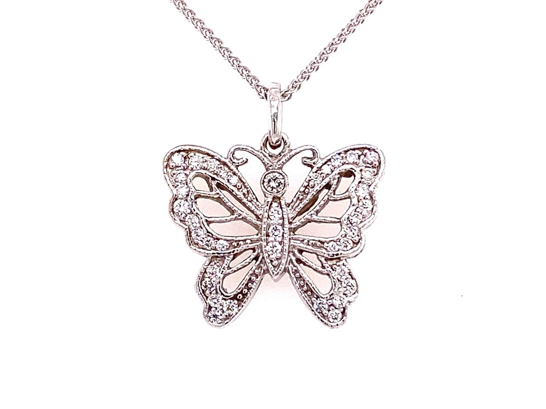 14k White Gold Diamond Butterfly Pendant Charm Necklace / Dainty Simple ...