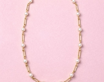 14k Gold Pearl Paperclip Necklace, Alternating Link Chain, Minimalist Jewelry