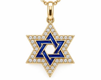 May include: A gold Star of David pendant necklace featuring a central blue enamel inlay surrounded by a border of small, clear, round-cut pavé-set stones. The six-pointed star hangs from a delicate gold chain attached to a polished gold bail.