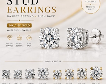 May include: Round cut stud earrings with a basket setting and push back closure. The text reads STUD EARRINGS, 14K / 18K GOLD, WHITE OR YELLOW GOLD, BRILLIANT SPARKLE, BASKET SETTING, PUSH BACK, TIMELESS ELEGANCE MADE TO SHINE, and various carat weights.