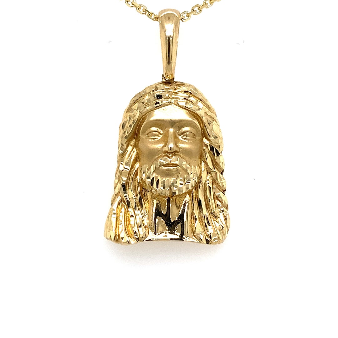 14k Semi Hollow Yellow Gold Jesus Head Pendant Charm Necklace / 14k