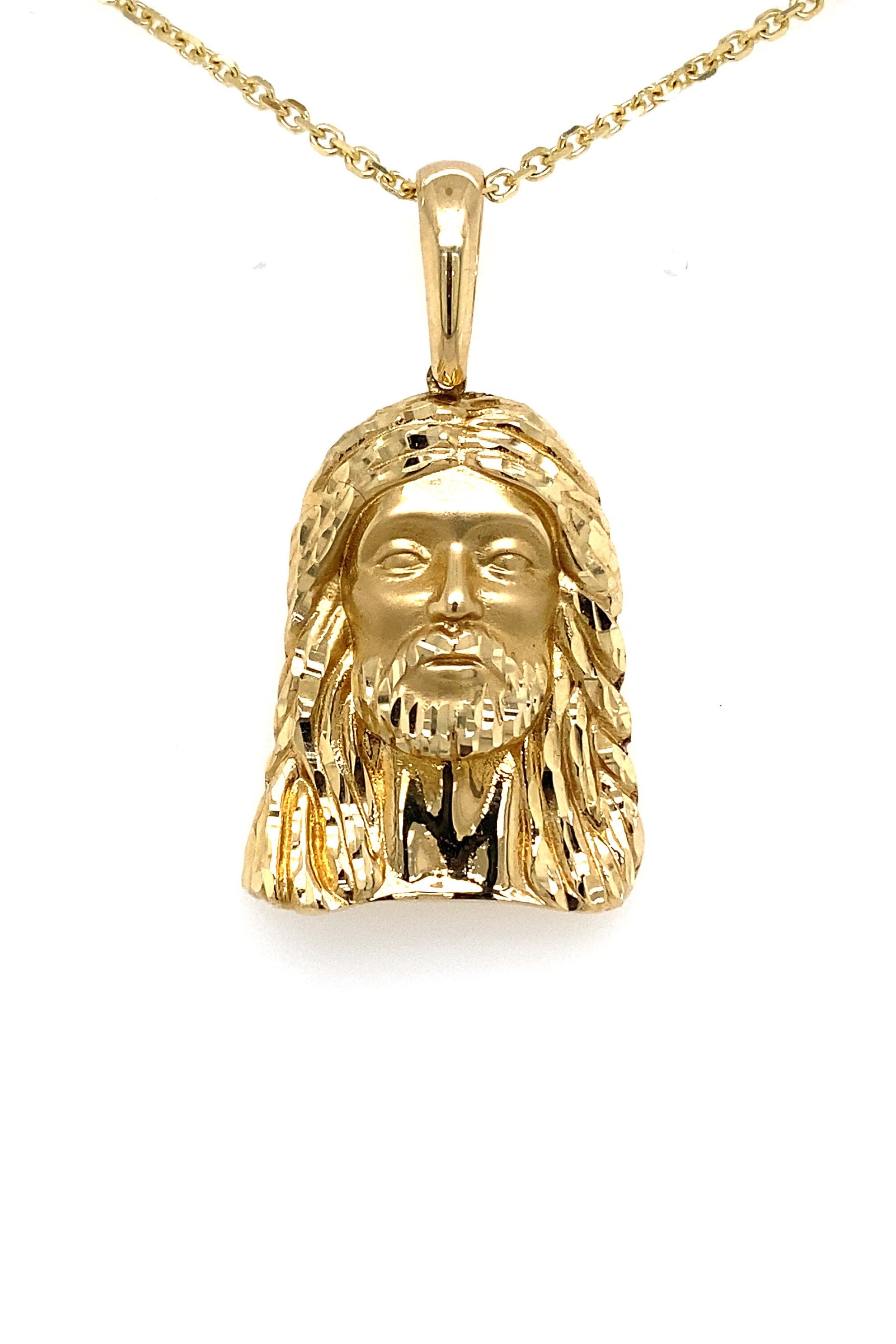 14k Semi Hollow Yellow Gold Jesus Head Pendant Charm Necklace Etsy