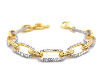 14k Gold Plated Sterling Silver Paperclip Bracelet – CZ Pavé Link Statement Chain – Adjustable 9.5mm Jewelry Gift for Her
