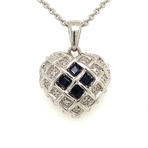 14k White Gold Heart Pendant Necklace With Blue Sapphire Stones & Diamonds / Dainty White Gold Puff Heart With Blue Sapphires
