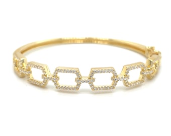 14k Gold Plated Sterling Silver Honeycomb CZ Bangle – 7" Pavé Crystal Link Bracelet – Elegant Jewelry Gift for Her