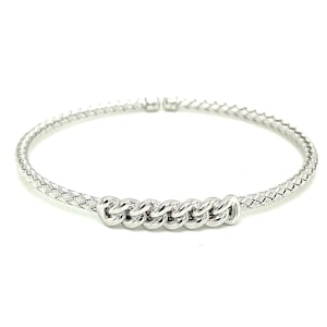 Italian 925 Sterling Silver Cuff Bangle Woven Braided Bracelet With Cuban Link Design Bar  (Made In Italy)