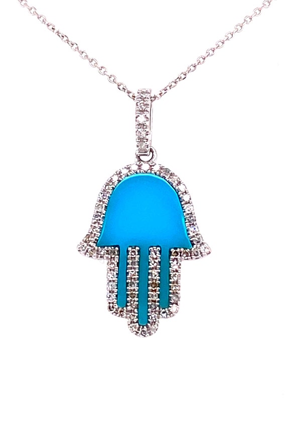 14k Gold Diamond Hamsa Necklace With Turquoise Hand of God